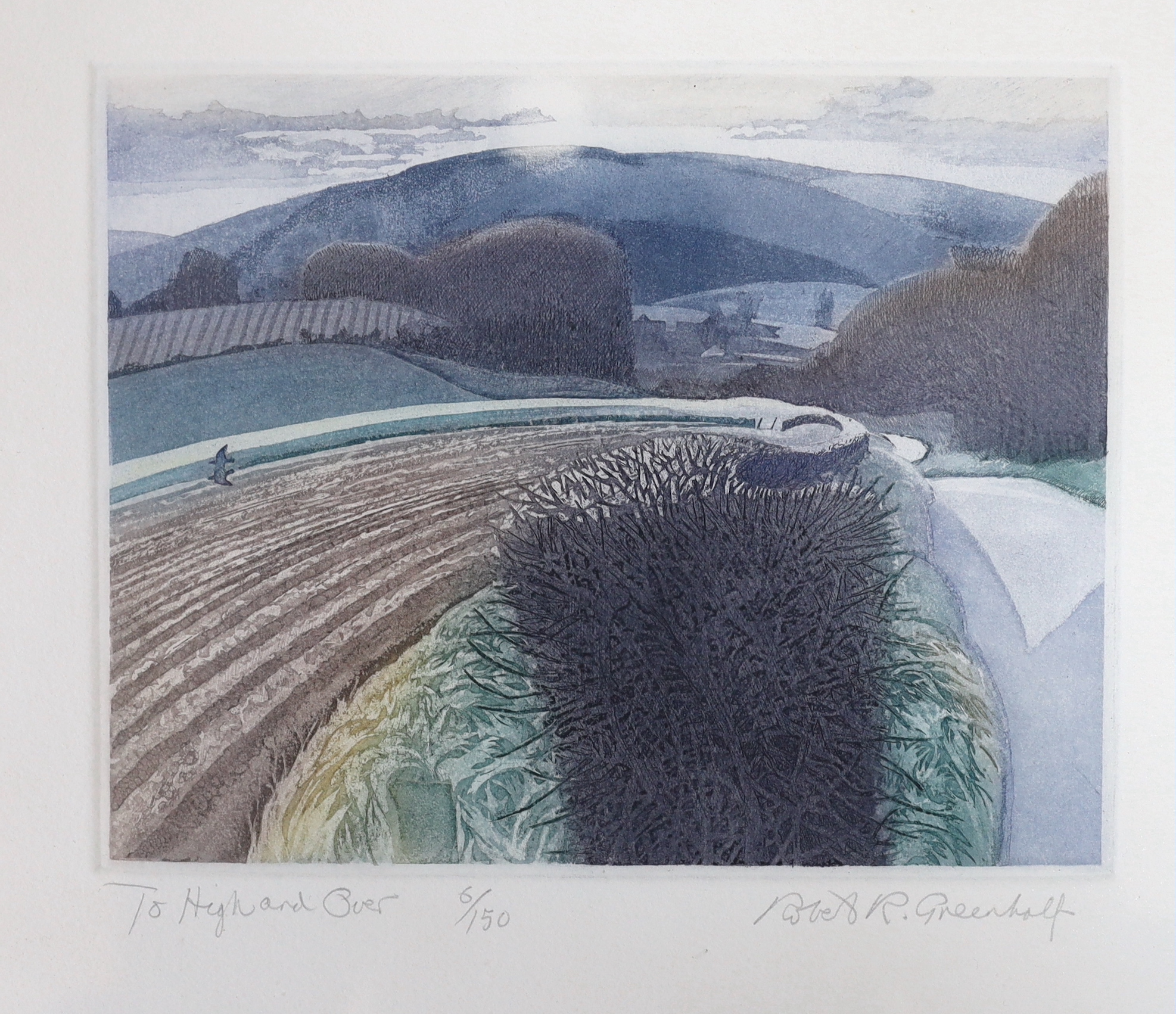 Four pencil signed prints including Hugh Casson (1910-1999) Cathedral, Robert R Greenhalf (b.1950) Two Highland Over and Phil Greenwood (b.1943) Treeline, three framed, largest 55 x 45cm